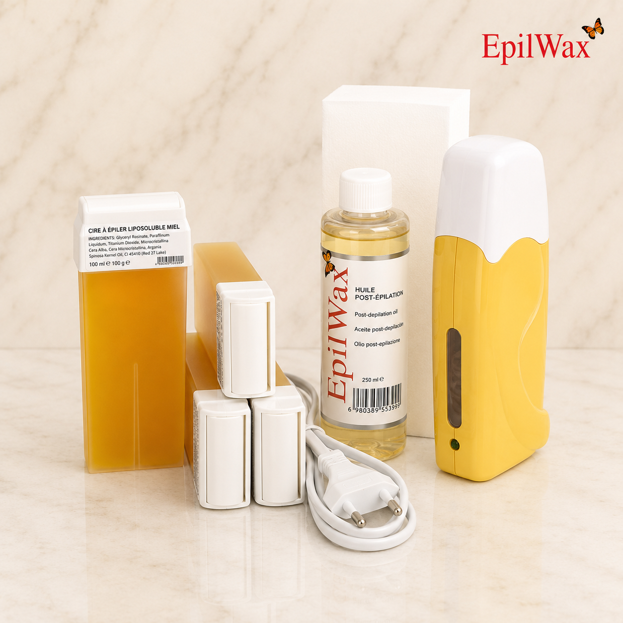 Kit Solo 4 Roll-On — Cire au Miel (chauffe-cire jaune assorti)