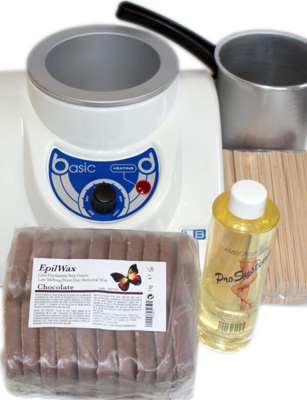 Kit d'épilation complet à la cire chaude au chocolat cuve cassolette huile