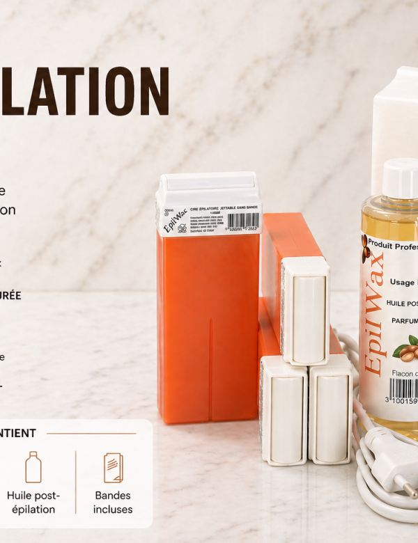 Kit d'épilation complet à la cire jetable à l'Argan, avec roulette grand modèle pour les jambes, aisselles, et le corps.
